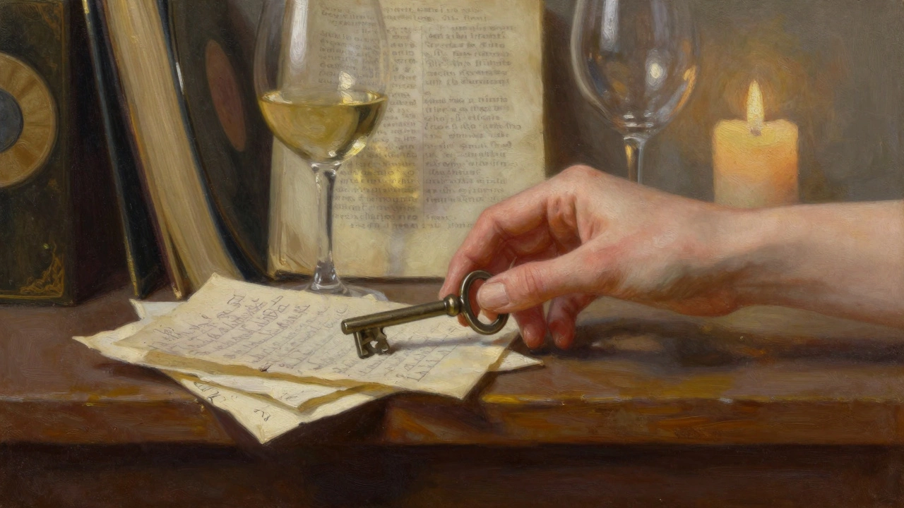 A hand places a vintage key on a shelf beside letters and books, symbolizing trust and intellectual companionship.