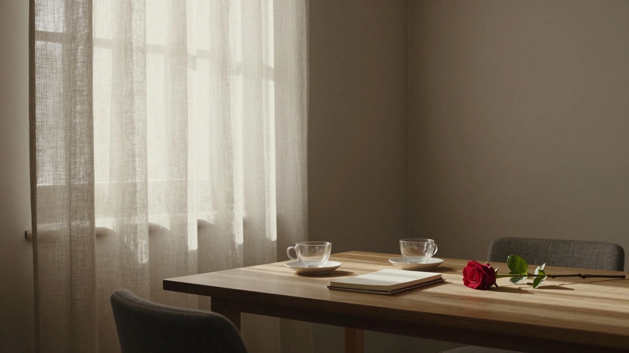 A quiet hotel room with two teacups and a rose on a wooden table, morning light filtering through linen curtains.