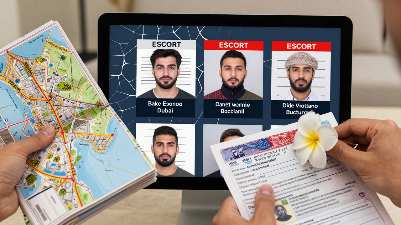 Fake escort ads on a cracked screen beside a tourist map and visa form, with a flower symbolizing ethical connection.