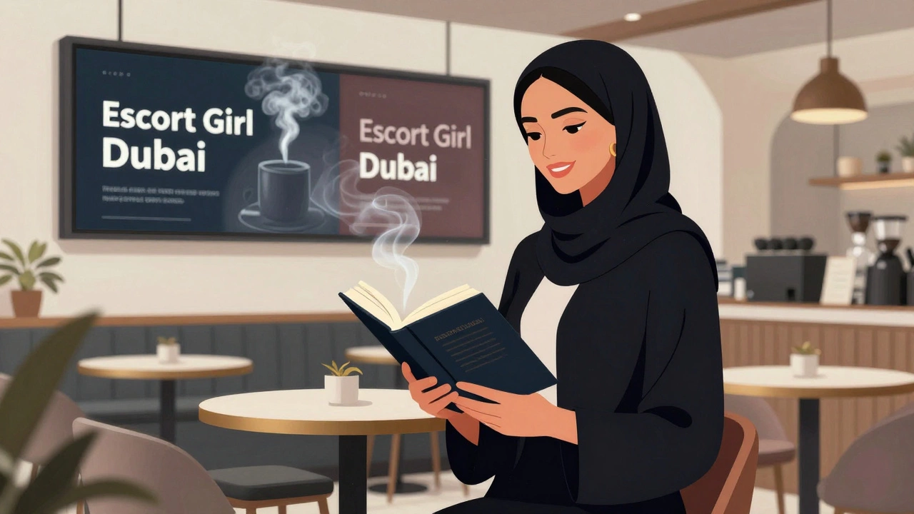 Woman in elegant clothes beside a Dubai café, while deceptive escort ads fade into smoke behind her.